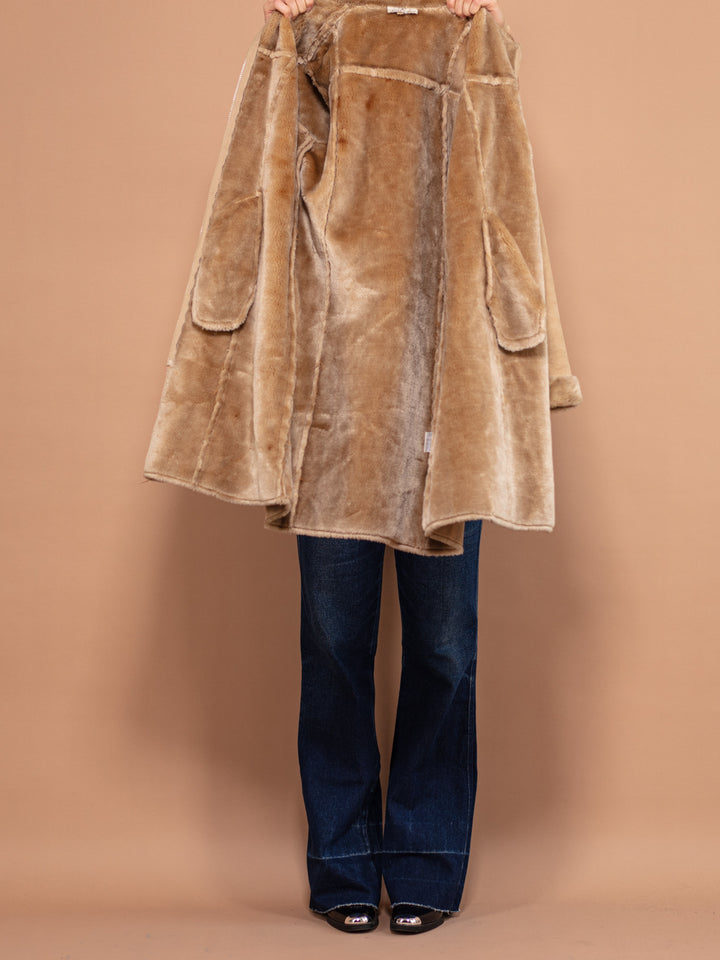 90's Faux Sheepskin Coat, Size Small, Vintage Women Sherpa Coat, Beige Zip Up Coat, Casual Boho Coat, Women Winter Wear, 90's Clothing