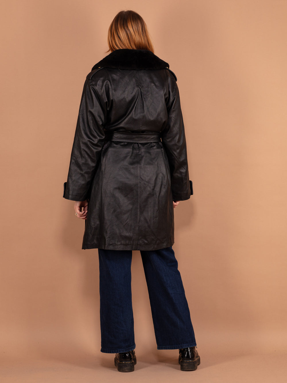 Vintage 90's Women Fur Lined Leather Coat in Black - NorthernGrip