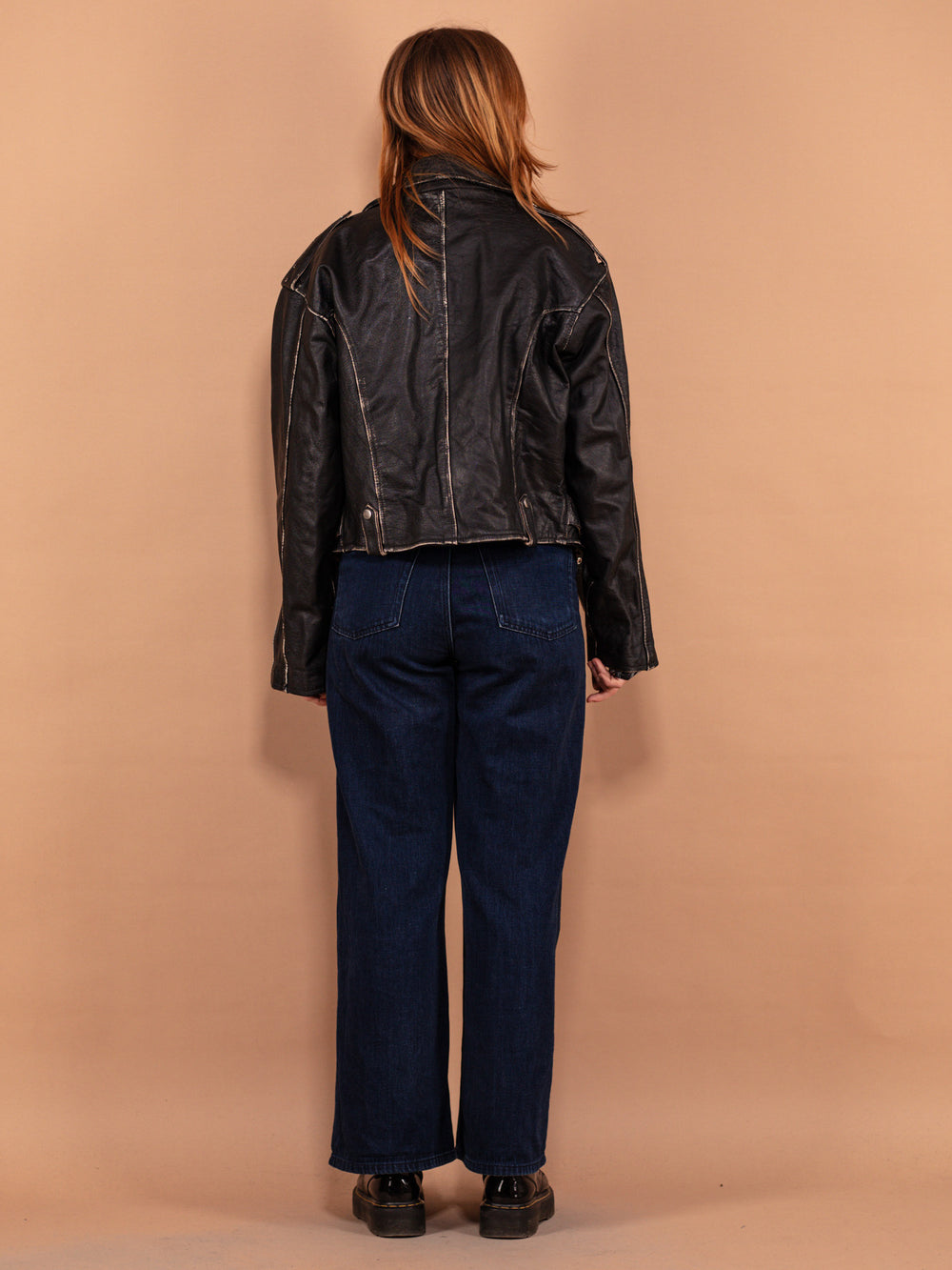 Vintage 90's Women Cropped Leather Moto Jacket in Black - NorthernGrip