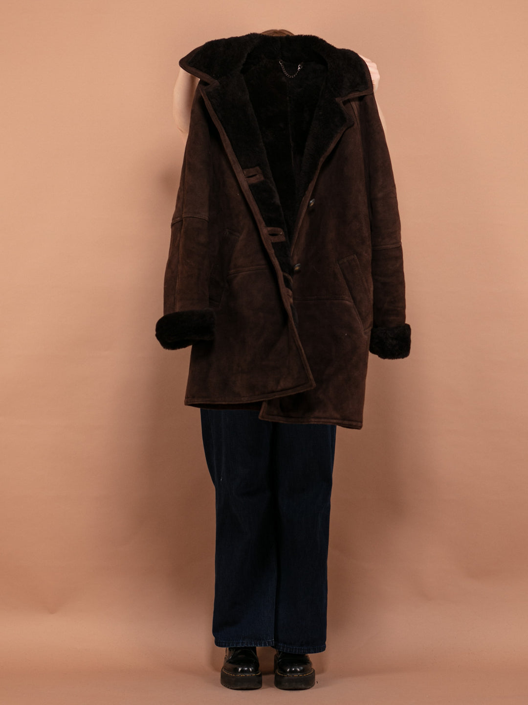 Oversized Shearling Coat 90's, Size XL, Vintage Women Sheepskin Coat, Dark Brown Suede Winter Coat, Outerwear, Cozy Coat, Lammy Coat
