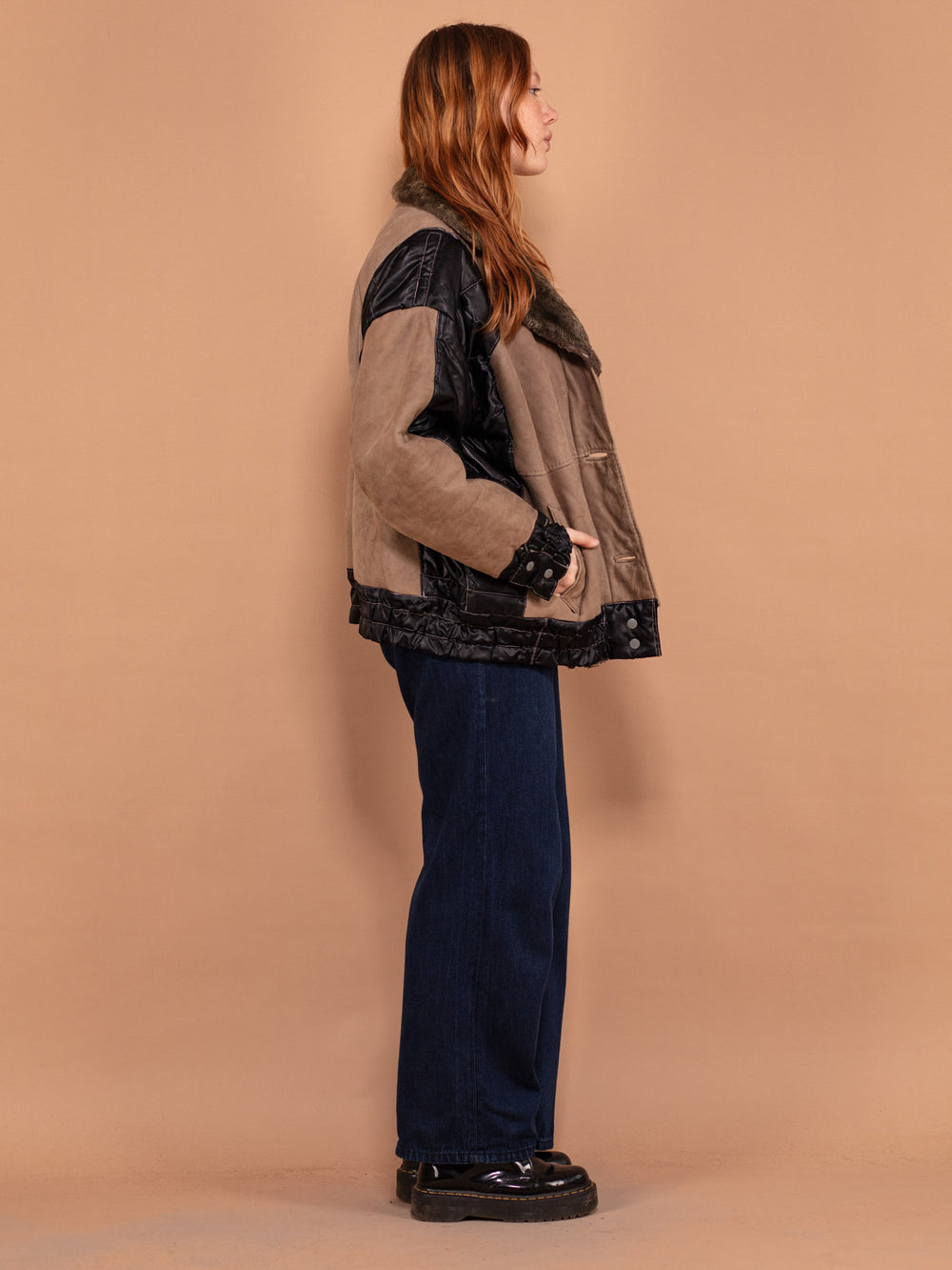 Vintage 90's Women Sheepskin Puffer Jacket in Brown and Black - NorthernGrip