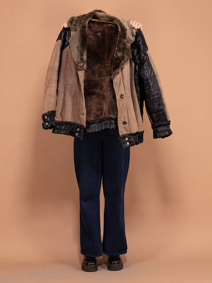 Vintage 90's Women Sheepskin Puffer Jacket in Brown and Black