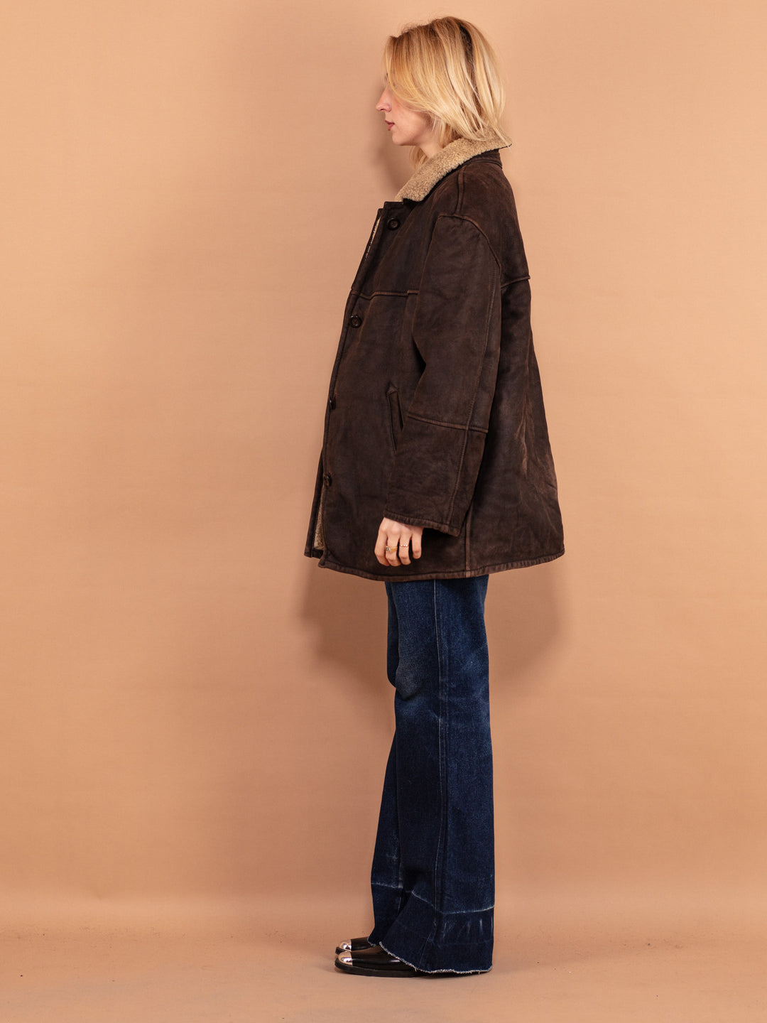 Sheepskin Shearling Coat 90s, Size XL, Sheepskin Winter Overcoat, 1990s Style Outerwear, Dark Brown Leather Coat, Casual Everyday Coat