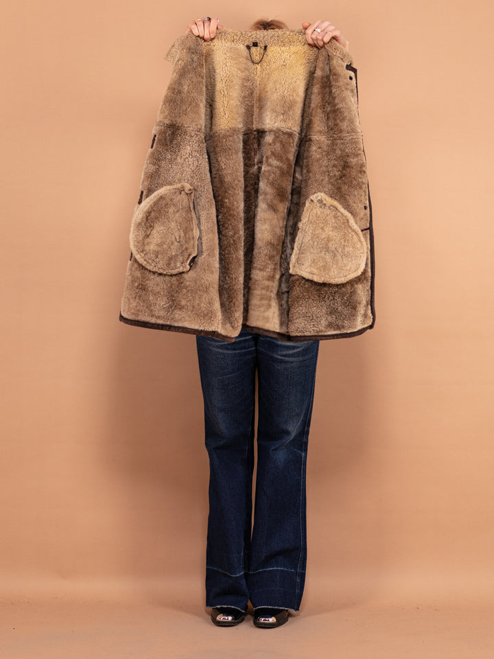 Sheepskin Shearling Coat 90s, Size XL, Sheepskin Winter Overcoat, 1990s Style Outerwear, Dark Brown Leather Coat, Casual Everyday Coat