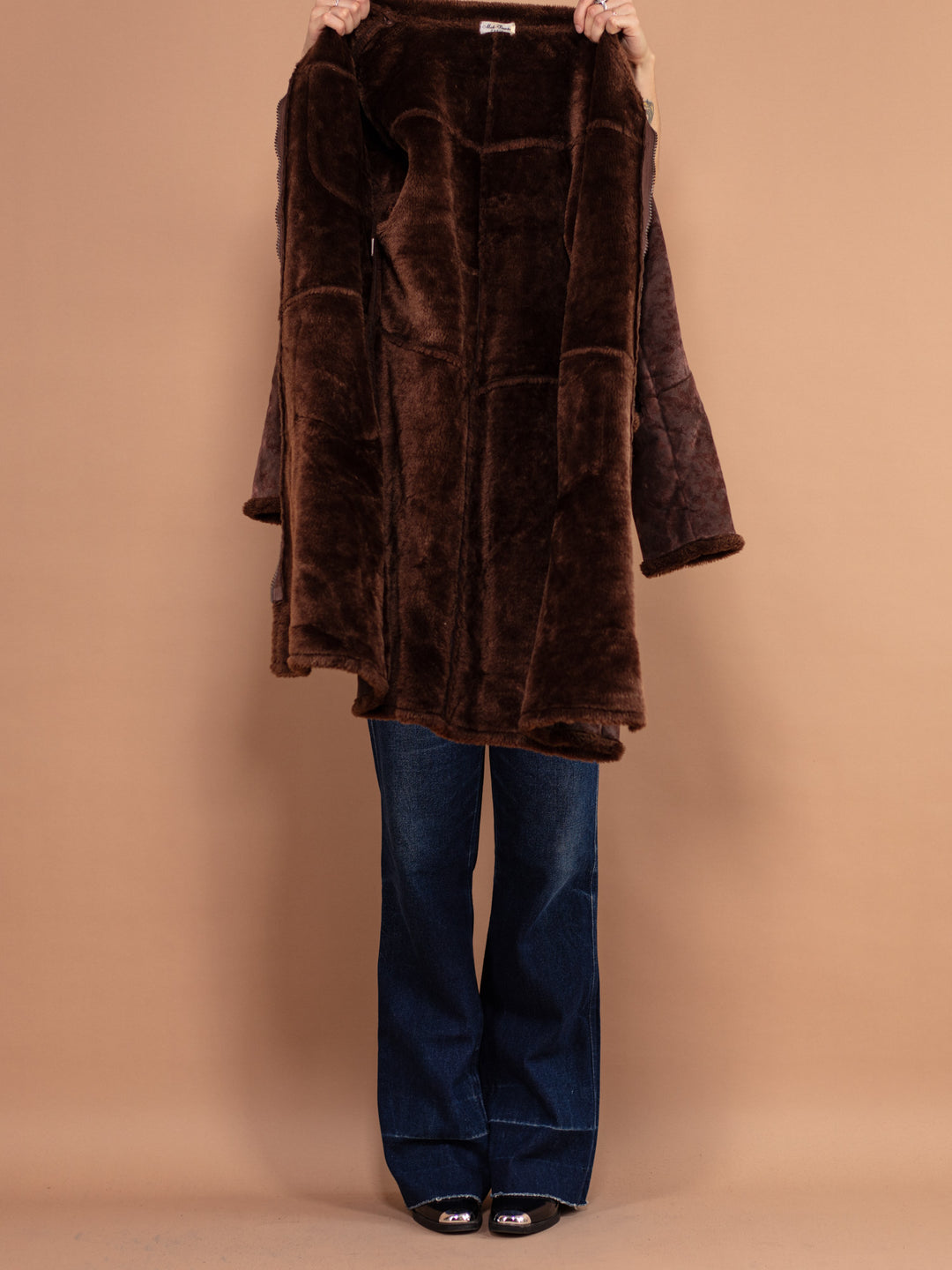 Women Sherpa Coat 90's, Size Small, Zip Up Faux Sheepskin Coat, Vintage Vegan Suede Coat, Boho Outerwear, Winter Coat, 90s Clothing