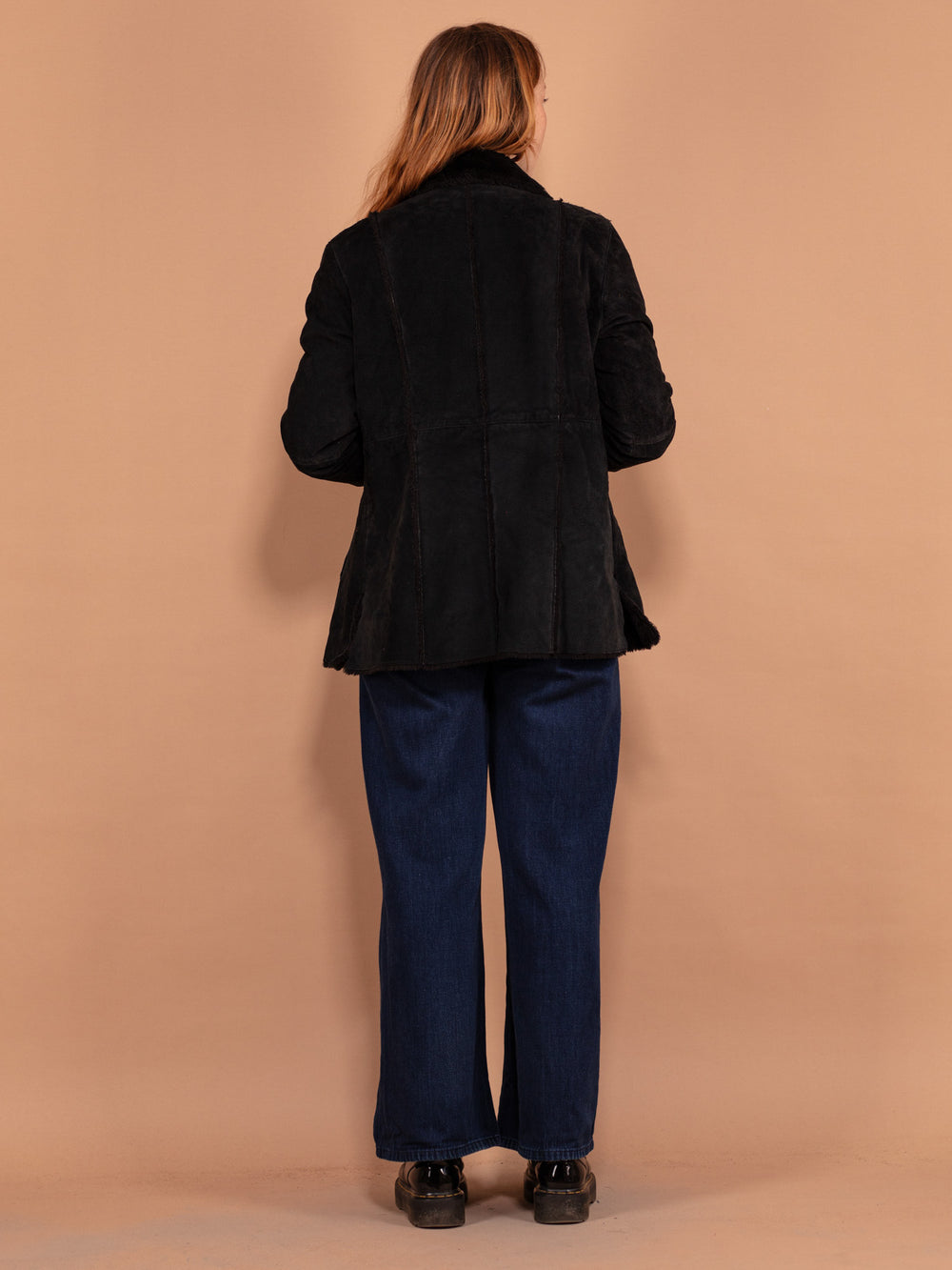 Vintage 90's Women Sherpa Lined Suede Coat in Black - NorthernGrip
