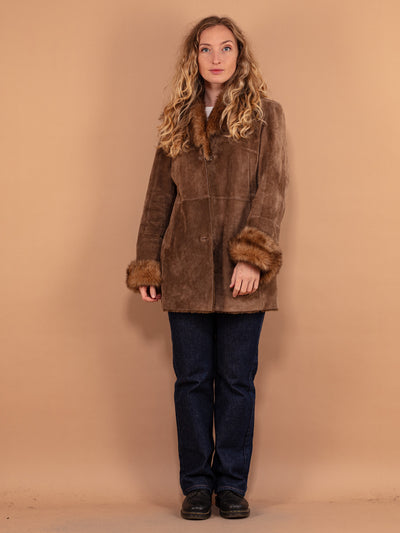 Suede Sherpa Coat 90s, Size Medium, Brown Faux Sheepskin Collared Coat, Retro Suede Coat, Sustainable Vintage Clothing, Button Up Coat