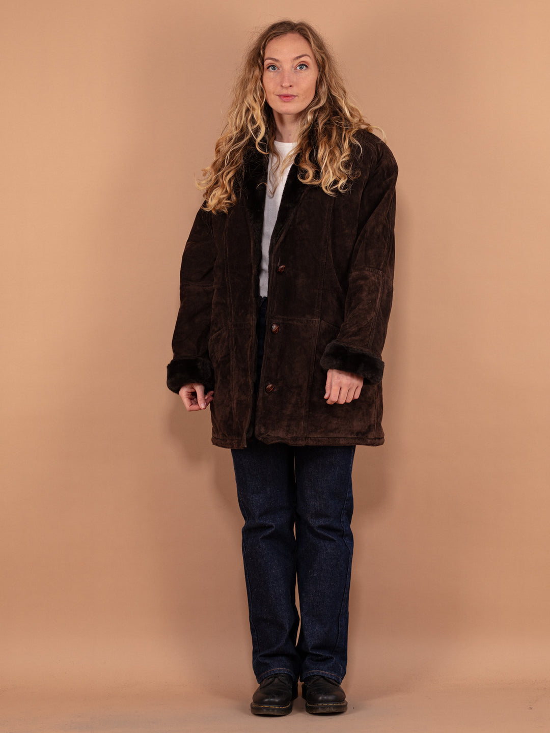 Online Vintage Store 90's Women Suede Sherpa Coat in Dark Brown