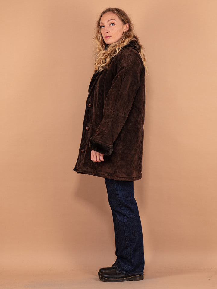 Dark Brown Suede Coat 90s, Size Large, Women Soft Sherpa Lined Coat, Vintage Faux Sheepskin Coat, Retro Raglan Coat, Sustainable Clothing