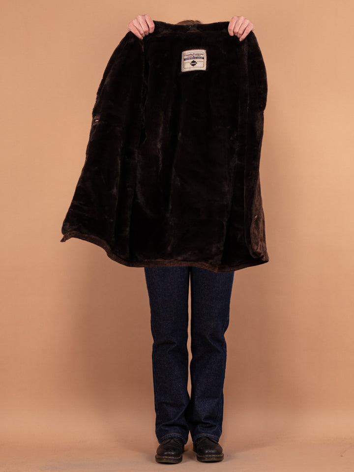 Dark Brown Suede Coat 90s, Size Large, Women Soft Sherpa Lined Coat, Vintage Faux Sheepskin Coat, Retro Raglan Coat, Sustainable Clothing