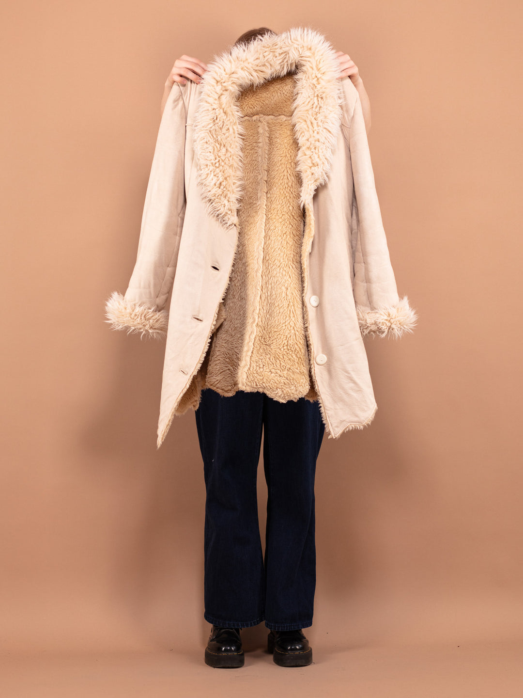 White Penny Lane Coat 90's, Size M Medium, Y2K Afghan Coat, Faux Fur Trim Sherpa Coat, Longline Boho Jacket, White Outerwear, Hippie Clothes