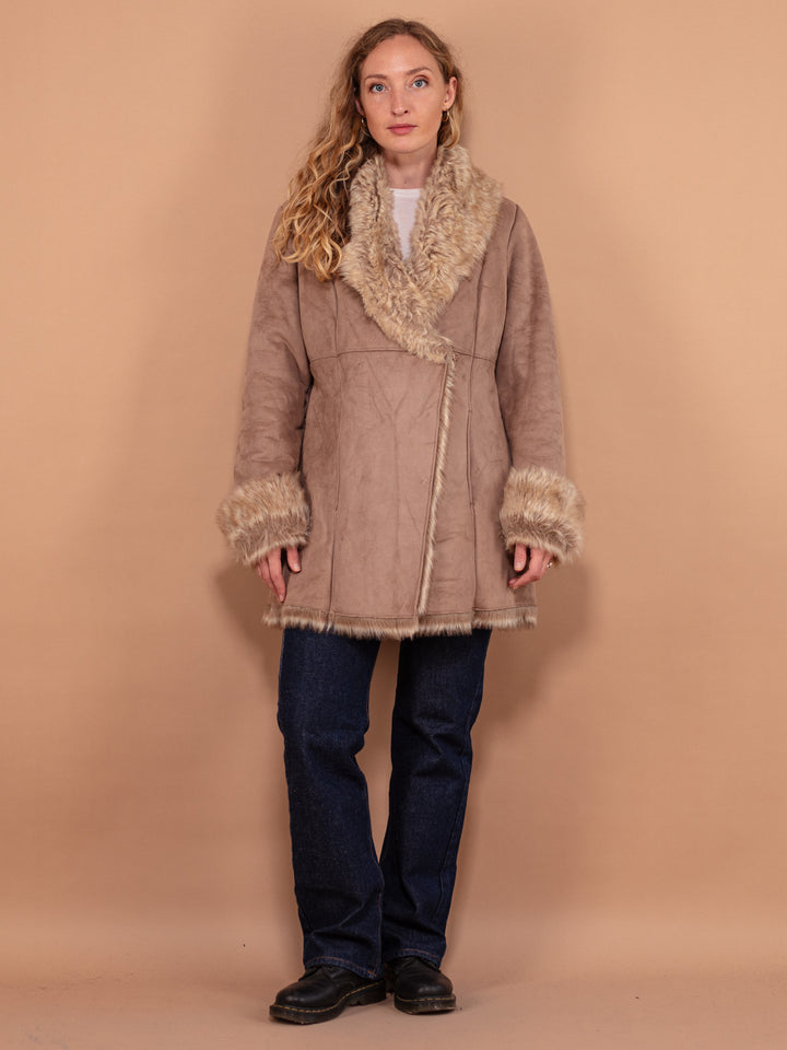 Y2K Penny Lane Style Coat, Size Medium, Vintage Faux Fur Trim Coat, Taupe Winter Coat, 00's Women Vegan Suede Sherpa Coat, Outerwear