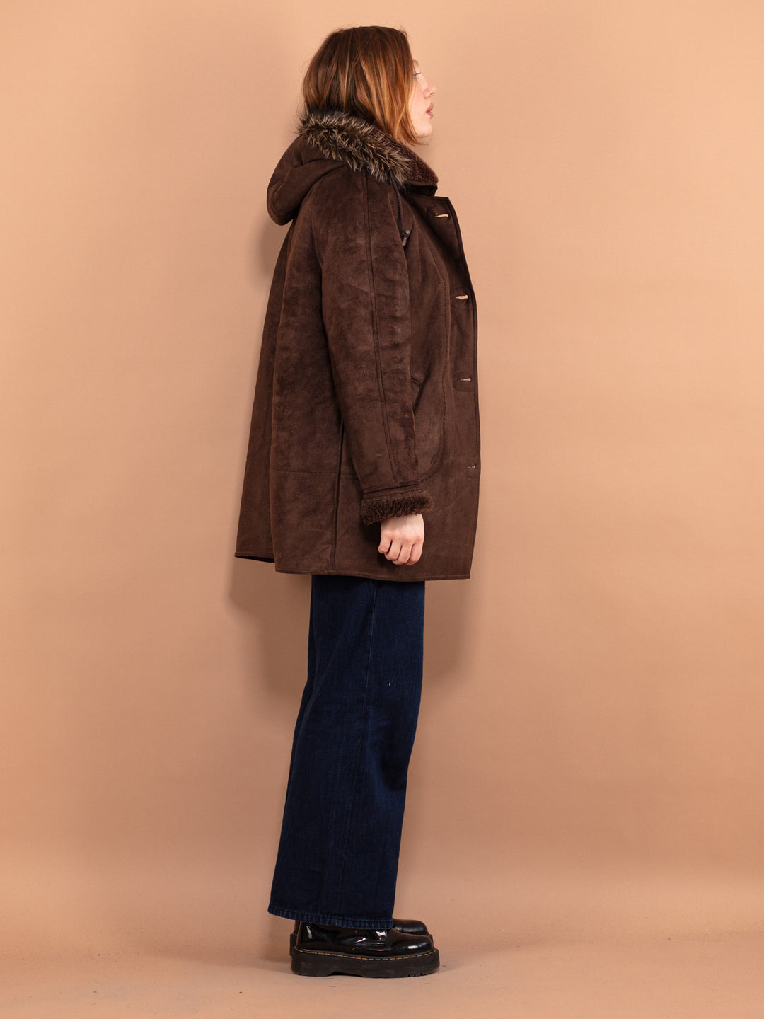 Hooded Faux Sheepskin Coat 90's, Size L Large, Vintage Women Faux Fur Trim Overcoat, Dark Brown Button Up Coat, Thick Cozy Outerwear