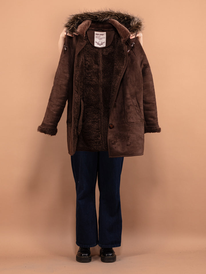 Hooded Faux Sheepskin Coat 90's, Size L Large, Vintage Women Faux Fur Trim Overcoat, Dark Brown Button Up Coat, Thick Cozy Outerwear