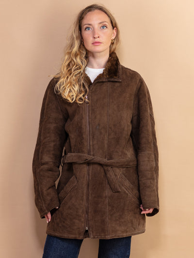 Belted Sheepskin Coat 70s, Size L Shearling Wool Coat, Western Style Sheepskin Suede Overcoat, Vintage Outerwear, Sustainable Clothing
