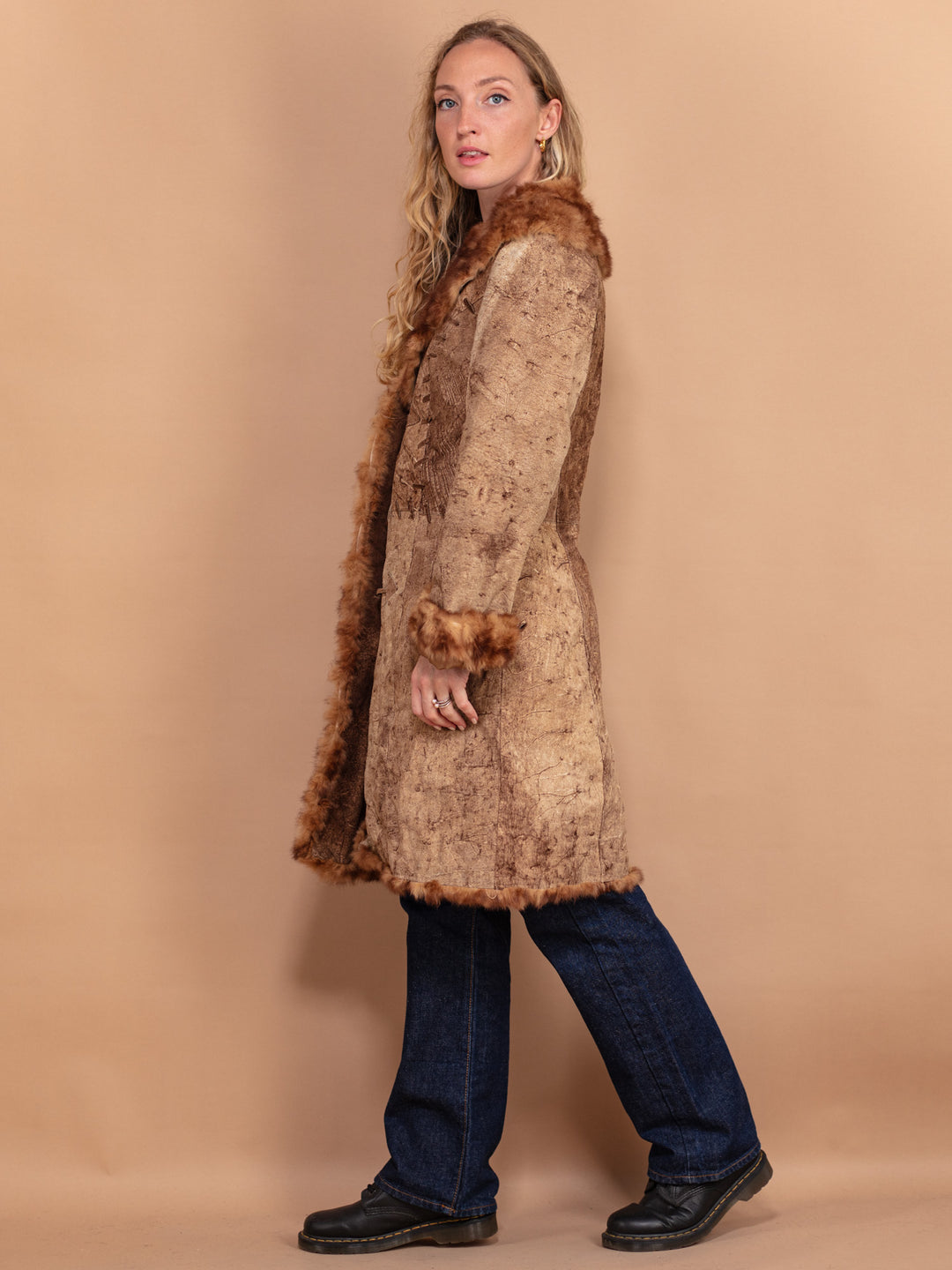 Penny Lane Fur Coat, Size Small S Brown Fur Coat, 90s Luxurious Coat, Retro Fur Overcoat, Glamour Fur Coat, Retro Suede Coat, Pre Loved Coat