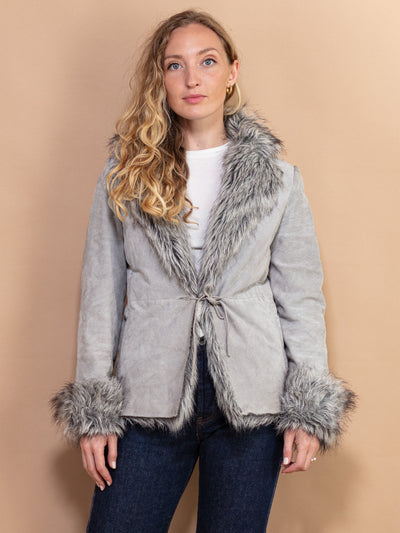 Faux Penny Lane Jacket, Size XS 00s Penny Lane Fur Jacket, Gray Suede Jacket, Suede Sherpa Jacket, Boho Y2K Penny Lane Jacket, Pre Loved