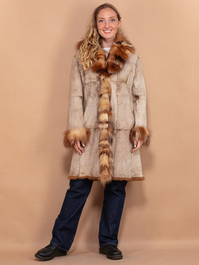 Penny Lane Fur Coat, Size Medium, 90s Grey Beige Suede Coat with Fur Collar, 00s Luxurious Coat, Retro Fur Overcoat, Vintage Reversible Coat