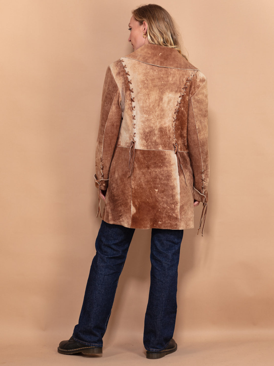 Brown Suede Coat 90s, Size Medium, Vintage Women Western Style Coat, Light Brown Suede Leather Long Jacket, Boho Hippie Coat