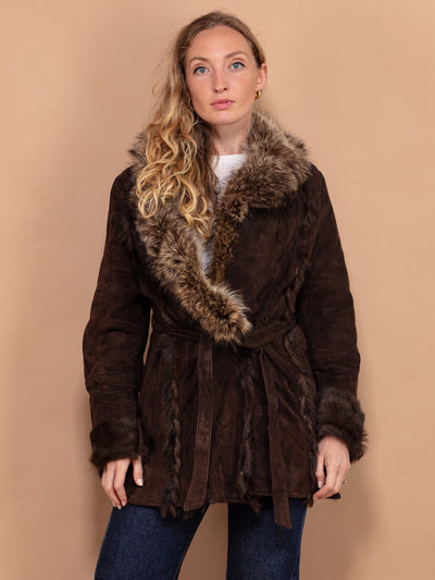 Dark Brown Suede Sheepskin Coat, size Small, Penny Lane Coat, 00s Shearling Coat with Fur Collar, Vintage Shearl Coat, Belted Winter Coat
