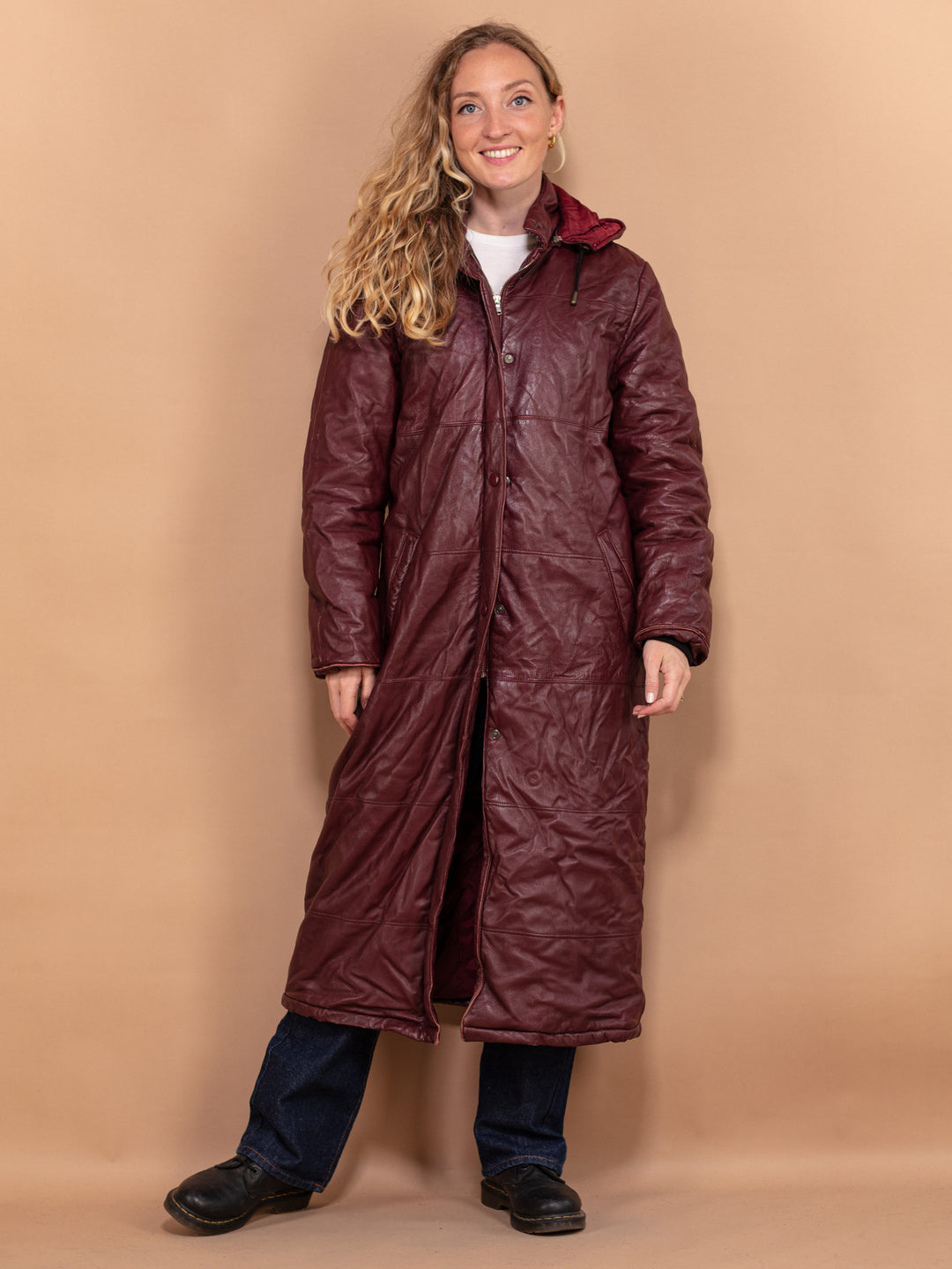 Hooded Leather Coat 80s, Size Medium Bordo Leather Maxi Coat, Retro Women Coat, Vintage Women Outerwear, Timeless Coat