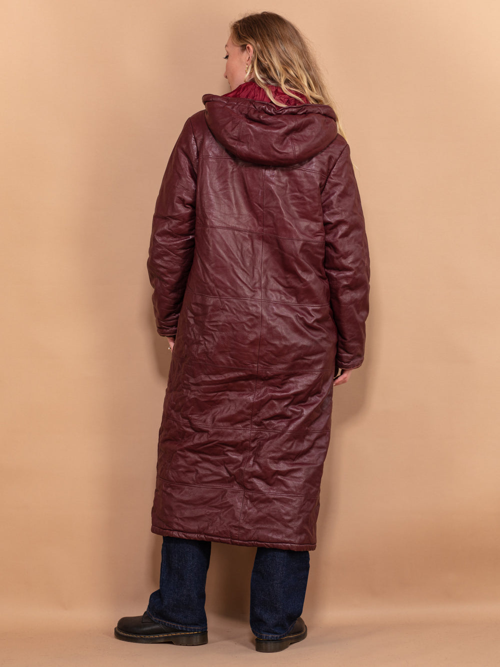 Vintage 80's Women Hooded Leather Coat in Bordo Red - NorthernGrip