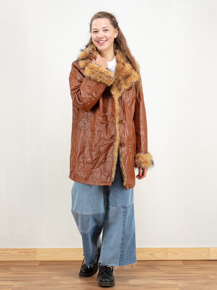 Vintage 80s Women Faux Fur Leather Coat - NorthernGrip