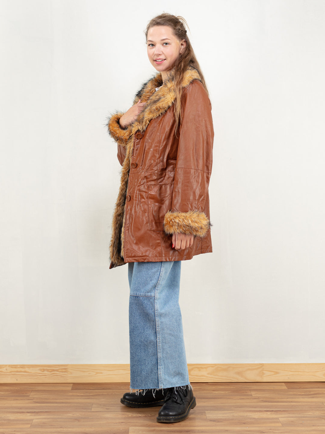 Vintage 80s Women Faux Fur Leather Coat - NorthernGrip