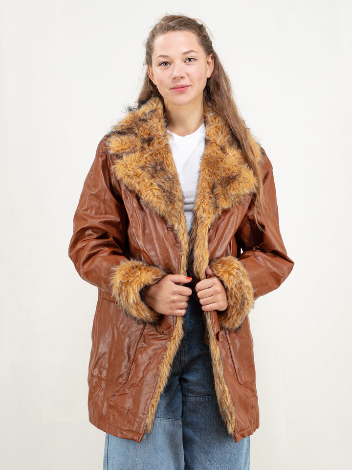 Vintage 80s Women Faux Fur Leather Coat - NorthernGrip