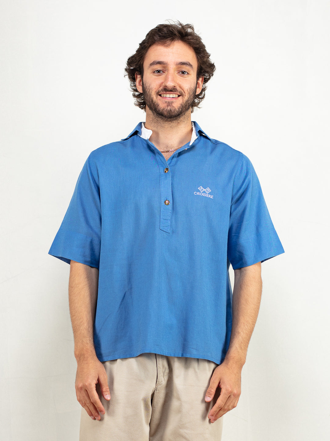 Men Polo Shirt 90's vintage light summer shirt short sleeve blue shirt soft collarless minimalist modern shirt men clothing size medium m
