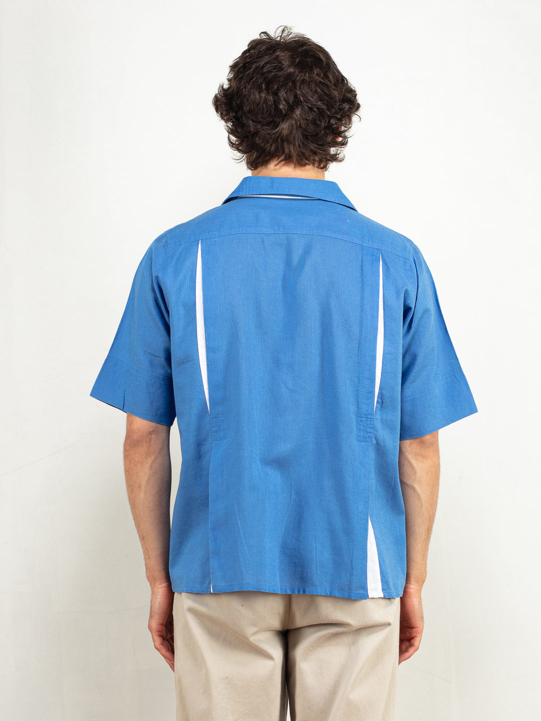 Men Polo Shirt 90's vintage light summer shirt short sleeve blue shirt soft collarless minimalist modern shirt men clothing size medium m