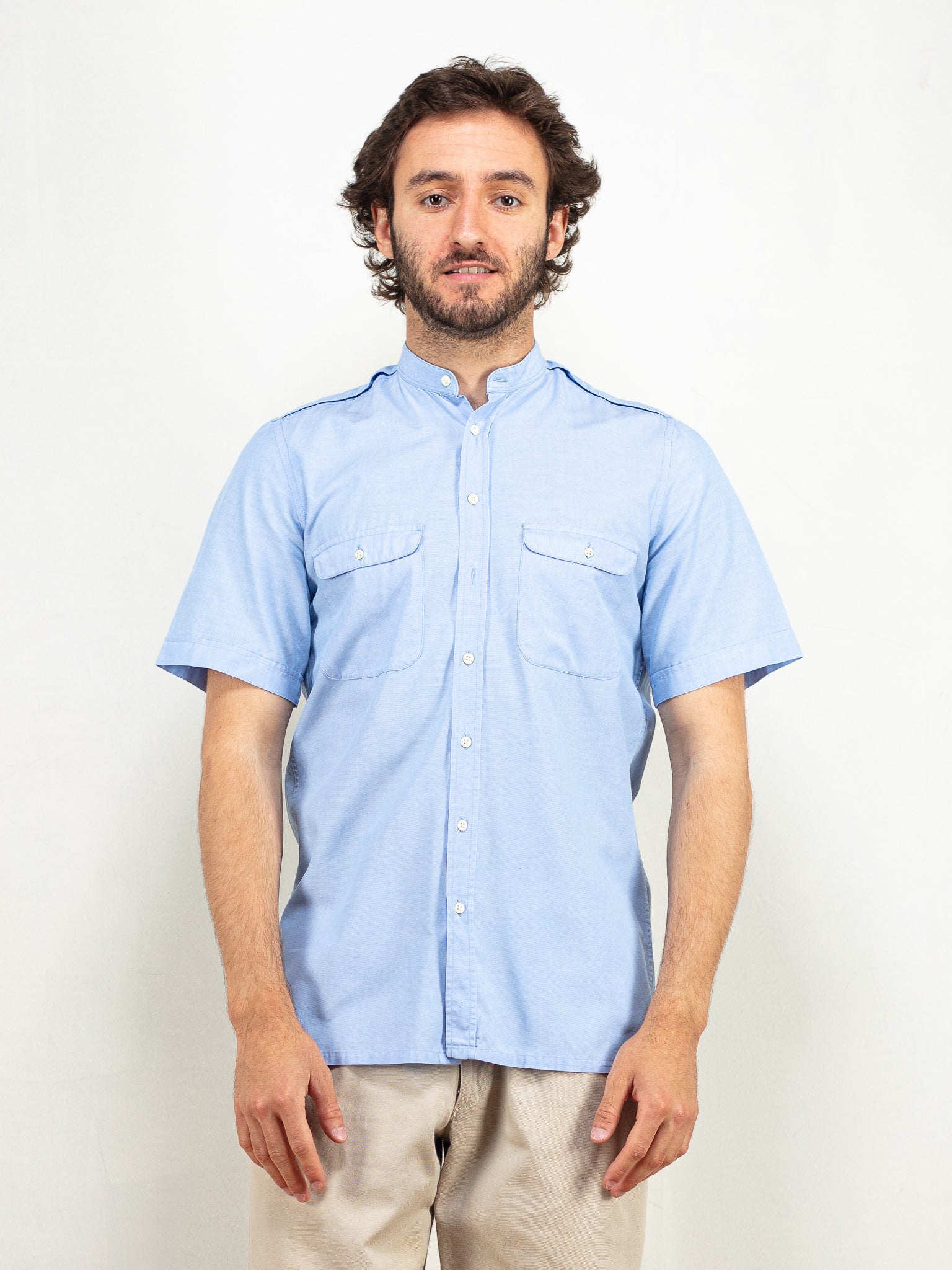 Collarless short sleeve shirt best sale