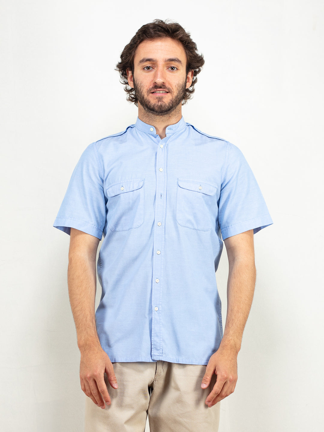  Men Collarless Shirt 90's vintage modern summer shirt minimalist shirt classic short sleeve blue office shirt band collar shirt size small s
