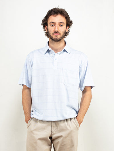 Men Polo Shirt 90's vintage light summer shirt short sleeve blue shirt patterned shirt minimalist modern shirt men clothing size medium m
