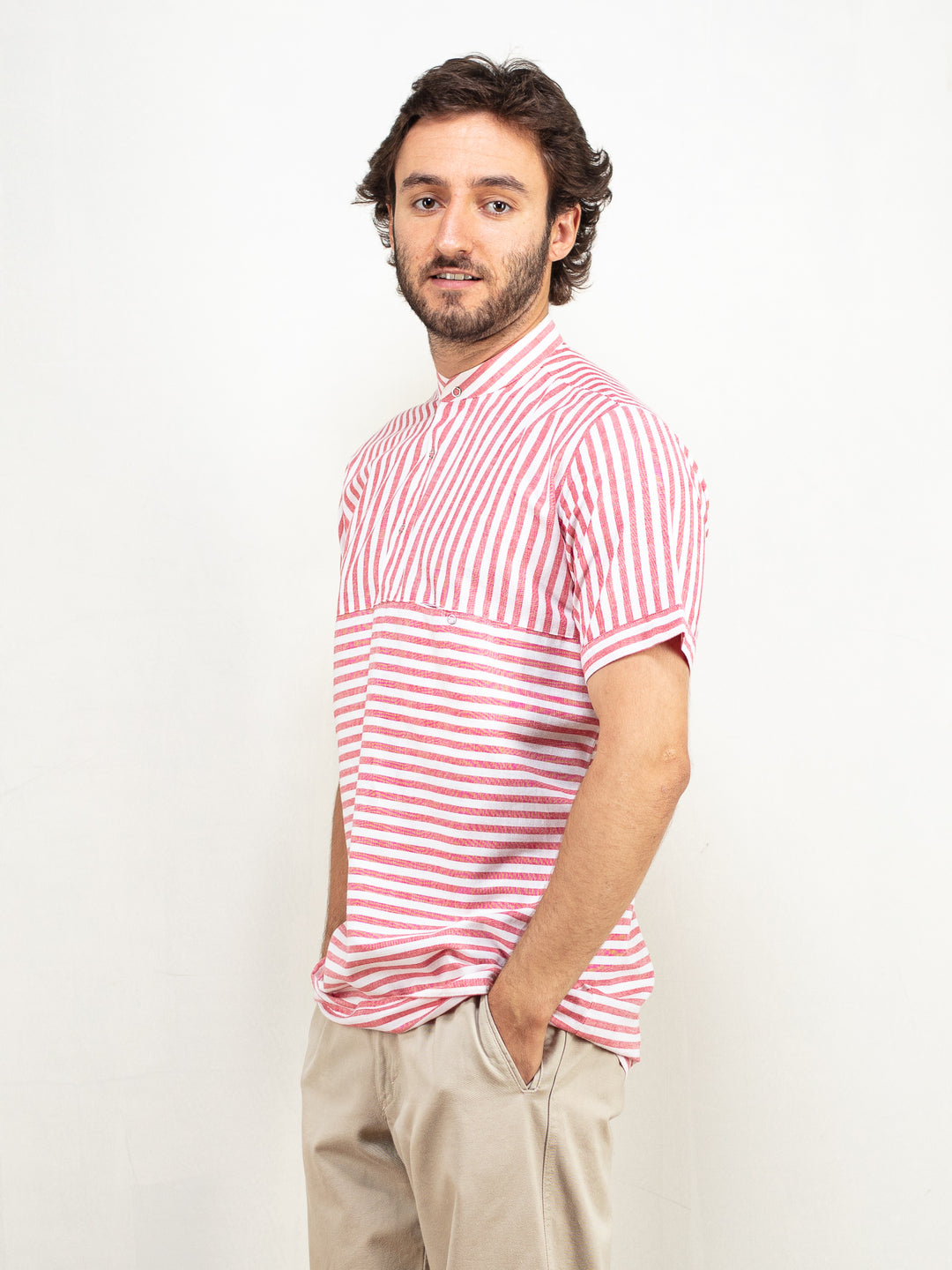 Men Collarless Shirt vintage short sleeve shirt red 90's classic minimalist shirt summer light striped shirt streetwear size medium m