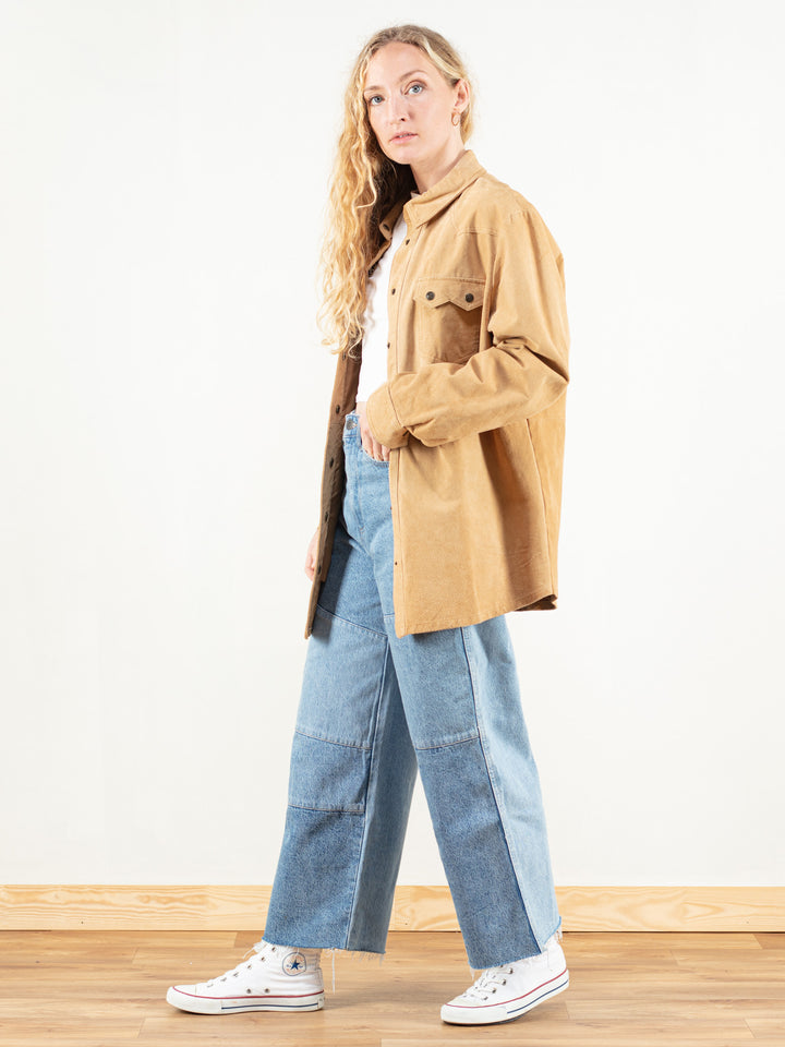 Vintage 90's Women Brown Suede Leather Shirt