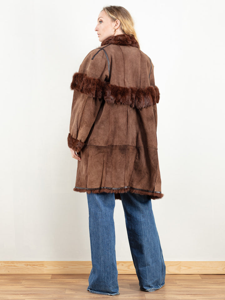 Suede Fur Coat 70s brown fur lined suede coat oversized coat fur coat winter outerwear hippie coat women vintage clothing size extra large