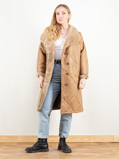 Shearling Leather Coat women vintage 70s sheepskin winter outerwear brown leather sheepskin coat 70s vintage clothing size xxl
