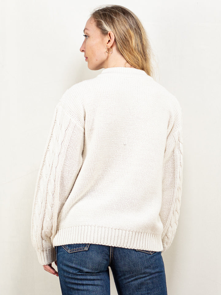 Cable Knit Sweater vintage 80's apres ski cream acrylic pullover crew neck sweater cottagecore women jumper sustainable size medium