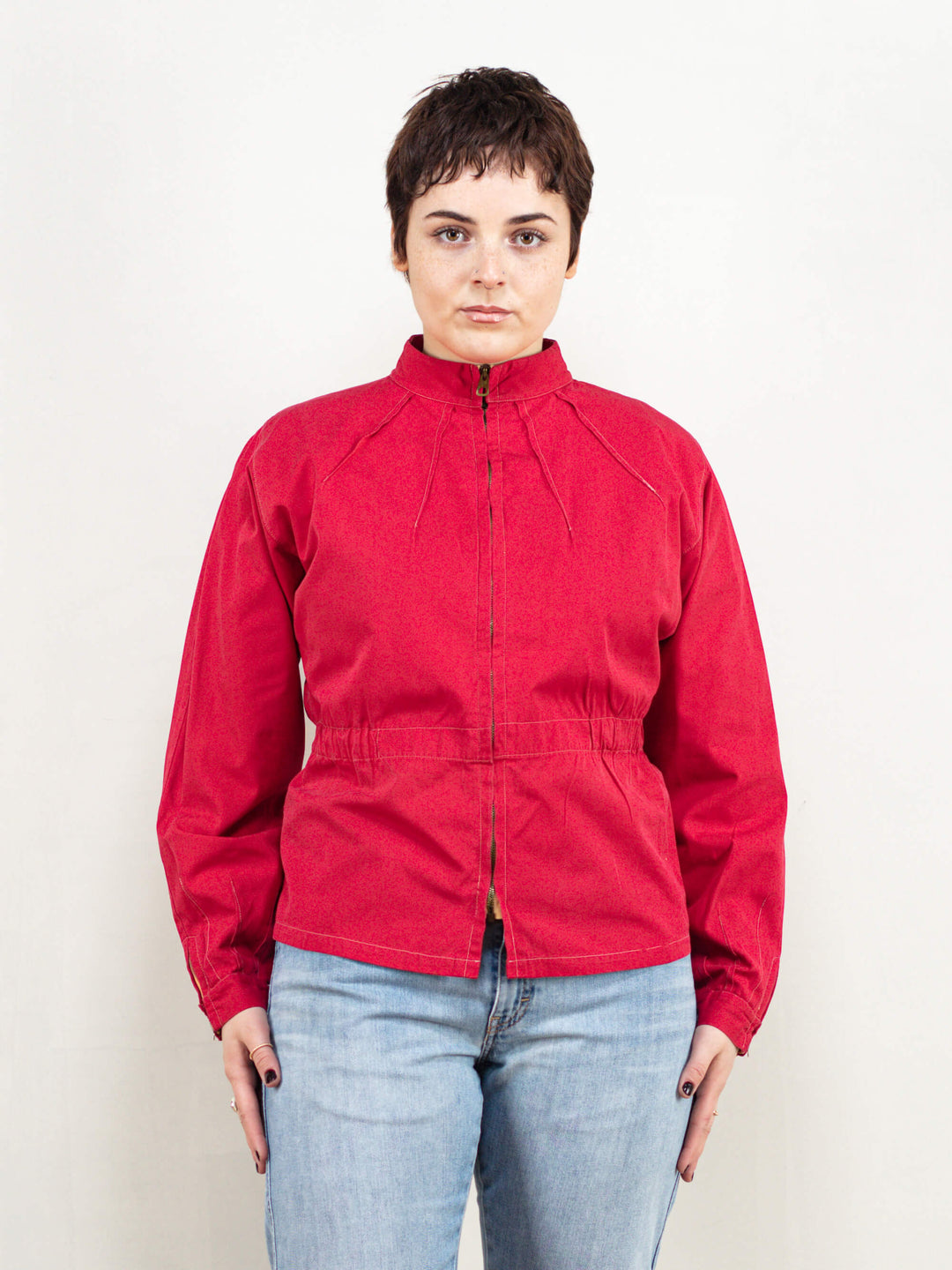 Vintage Cotton Jacket 70s red windbreaker jacket cotton high neck spring jacket plain lightweight outdoor jacket vintage clothing size small
