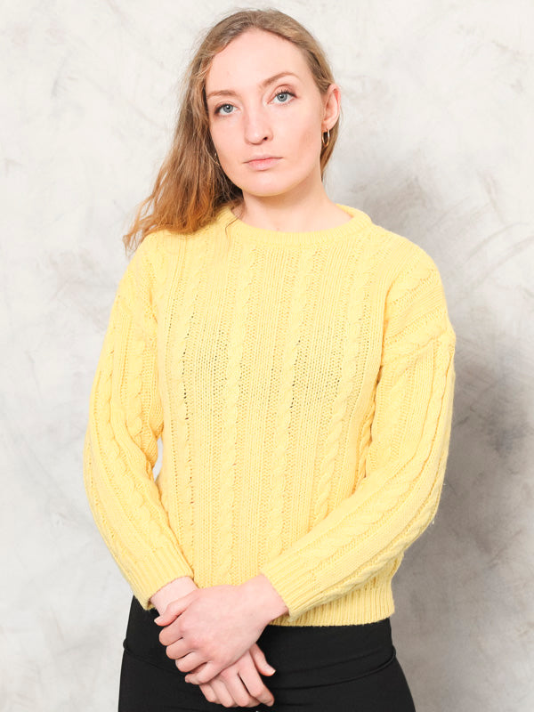 80s Yellow Sweater vintage cable knit pullover BENETTON design jumper sunshine yellow jumper chunky knit sweater vintage clothing size small