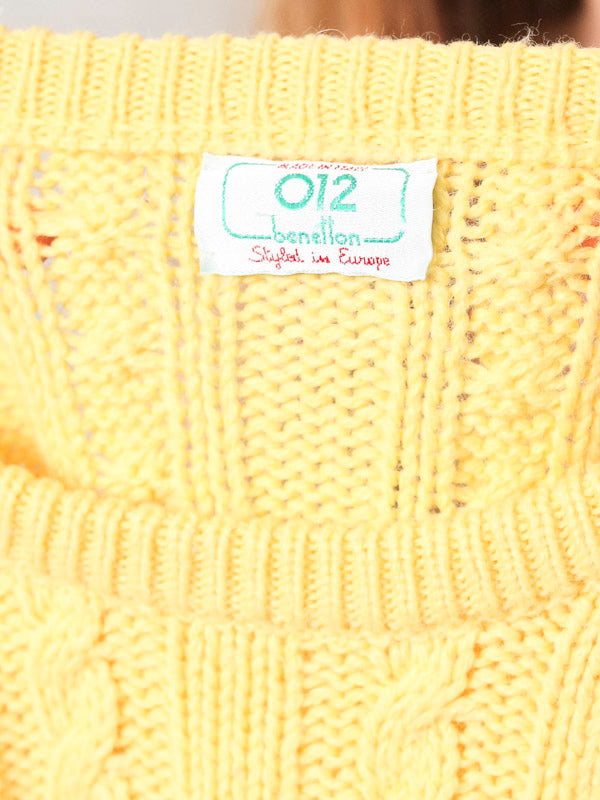 80s Yellow Sweater vintage cable knit pullover BENETTON design jumper sunshine yellow jumper chunky knit sweater vintage clothing size small