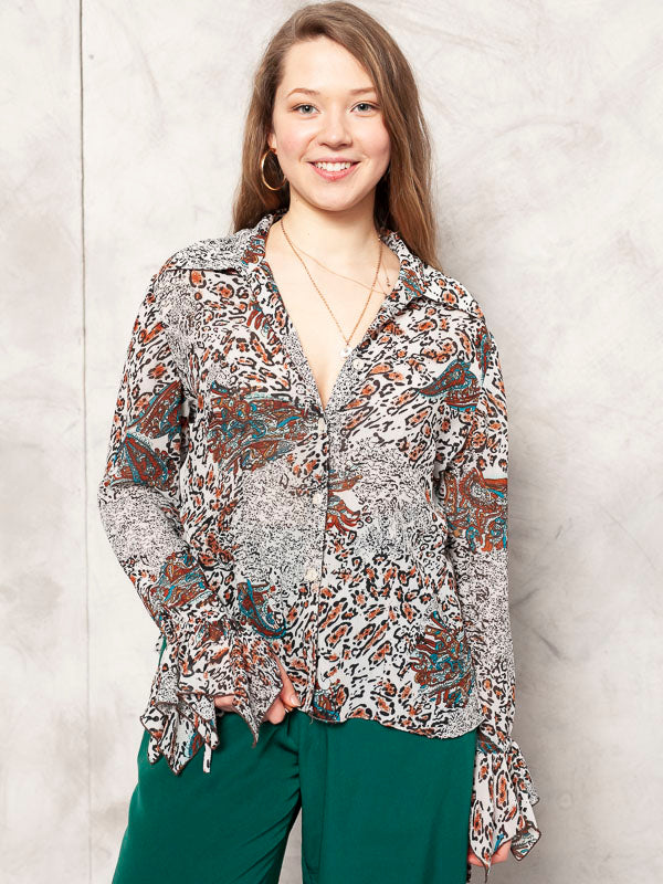90s Animal Print Shirt vintage leopard print blouse ruffle cuffs sea through button down shirt chiffon 90s safari pattern shirt size small