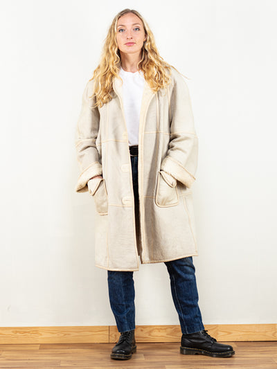 Sheepskin Coat Women 80’s vintage beige shearling winter coat penny lane midi winter outerwear minimalist raglan sleeves size extra large XL