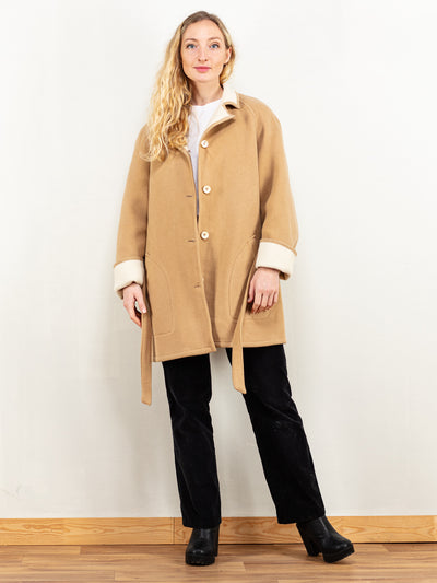 Beige Blanket Coat vintage 70's camel brown soft winter overcoat tie waist coat boho style minimalist winter outerwear size large