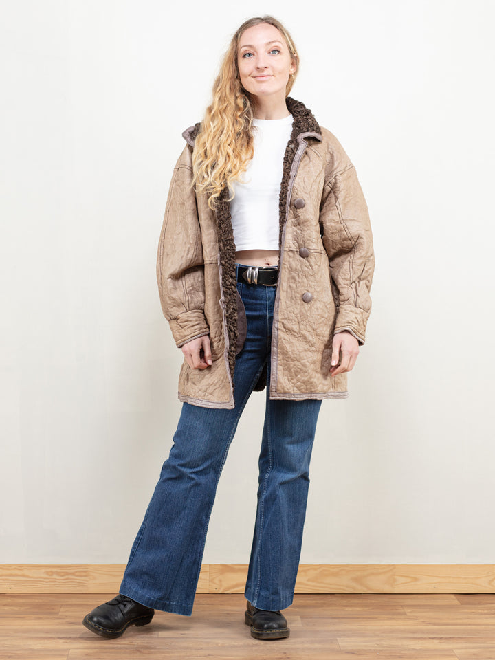 Vintage 80's Women Beige Leather and Fur Coat