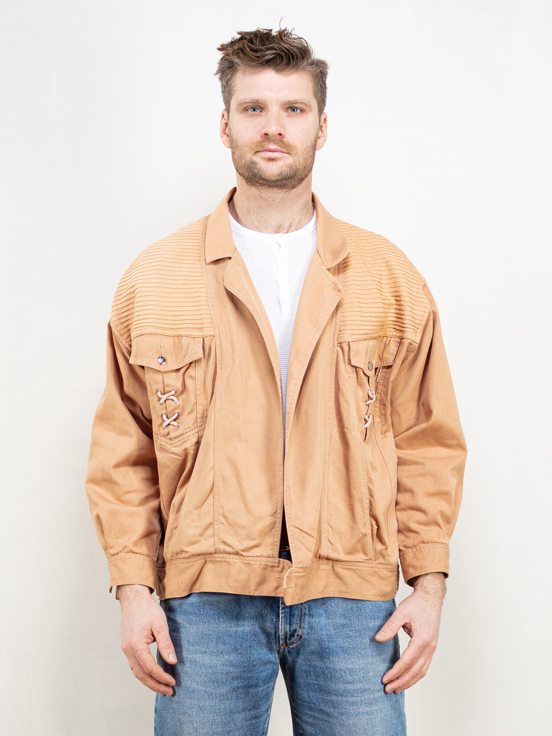 Beige Lightweight Jacket vintage 90s spring jacket jacket open front unisex casual jacket 90s clothing men jacket retro size large