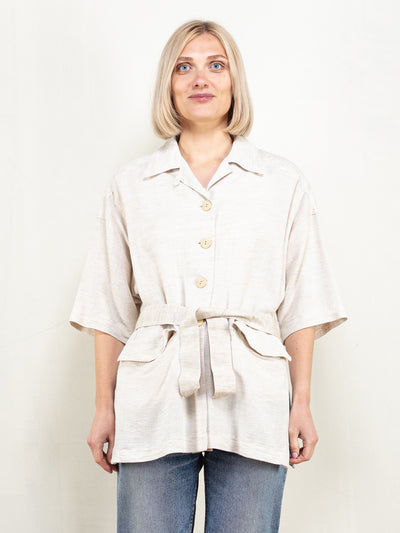 Beige Light Jacket women belted short sleeve summer jacket minimalist style jacket button front collared jacket size large