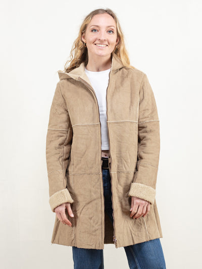 Beige Sherpa Coat beige faux suede coat faux fur sherpa lined women winter outerwear faux shearling coat vintage clothing size small