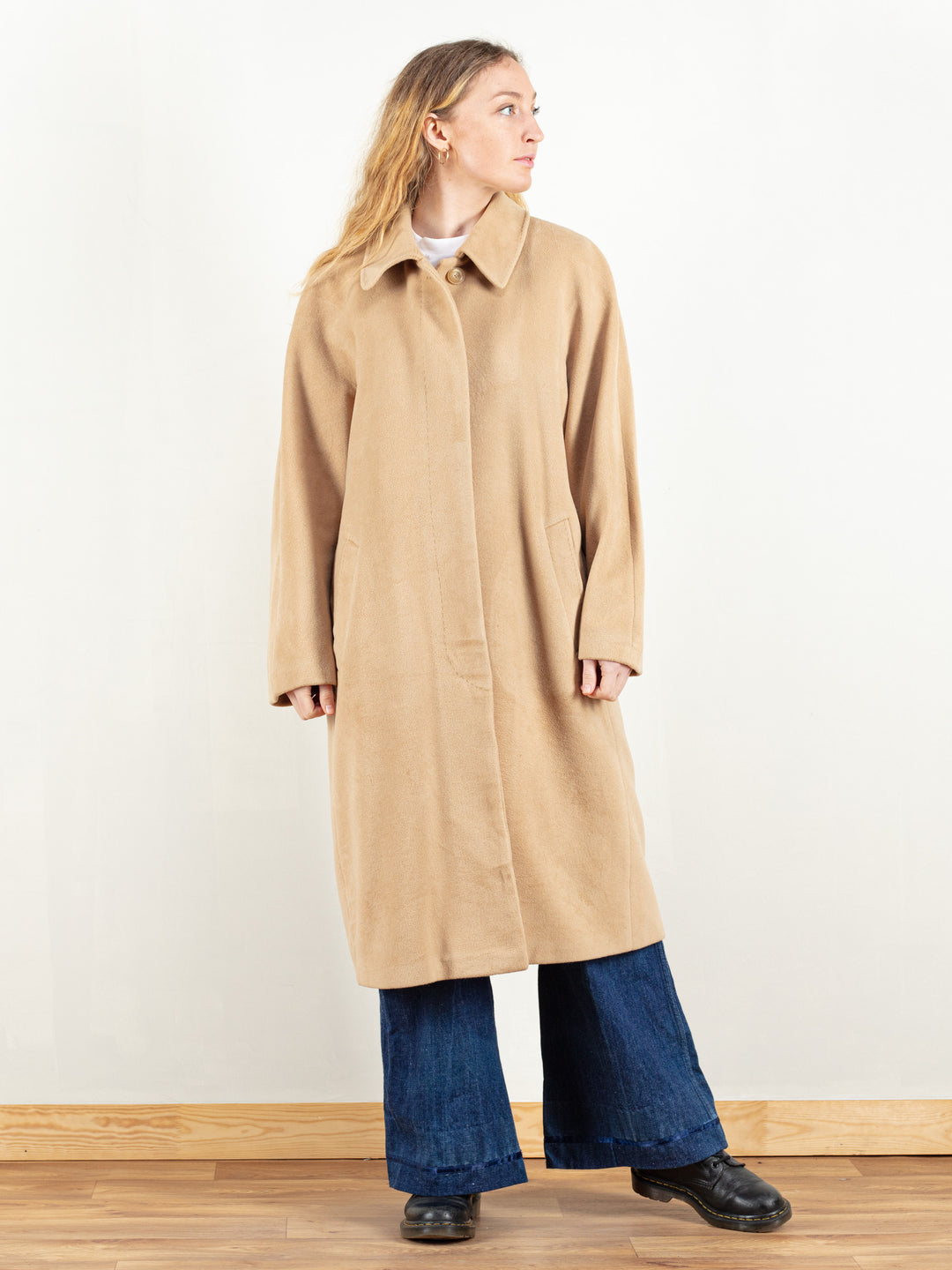 Beige Wool Coat women vintage 80s winter coat minimalistic vintage 80s coat mod outerwear women vintage clothing size large